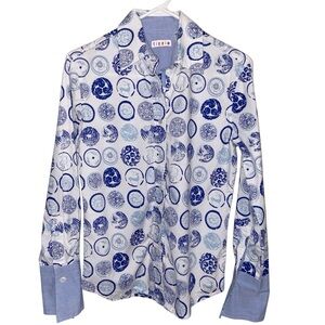 Tizzie Shirt Womens XS Button Blue Geo Stretch Dizzy Lizzie Coastal Resort Beach